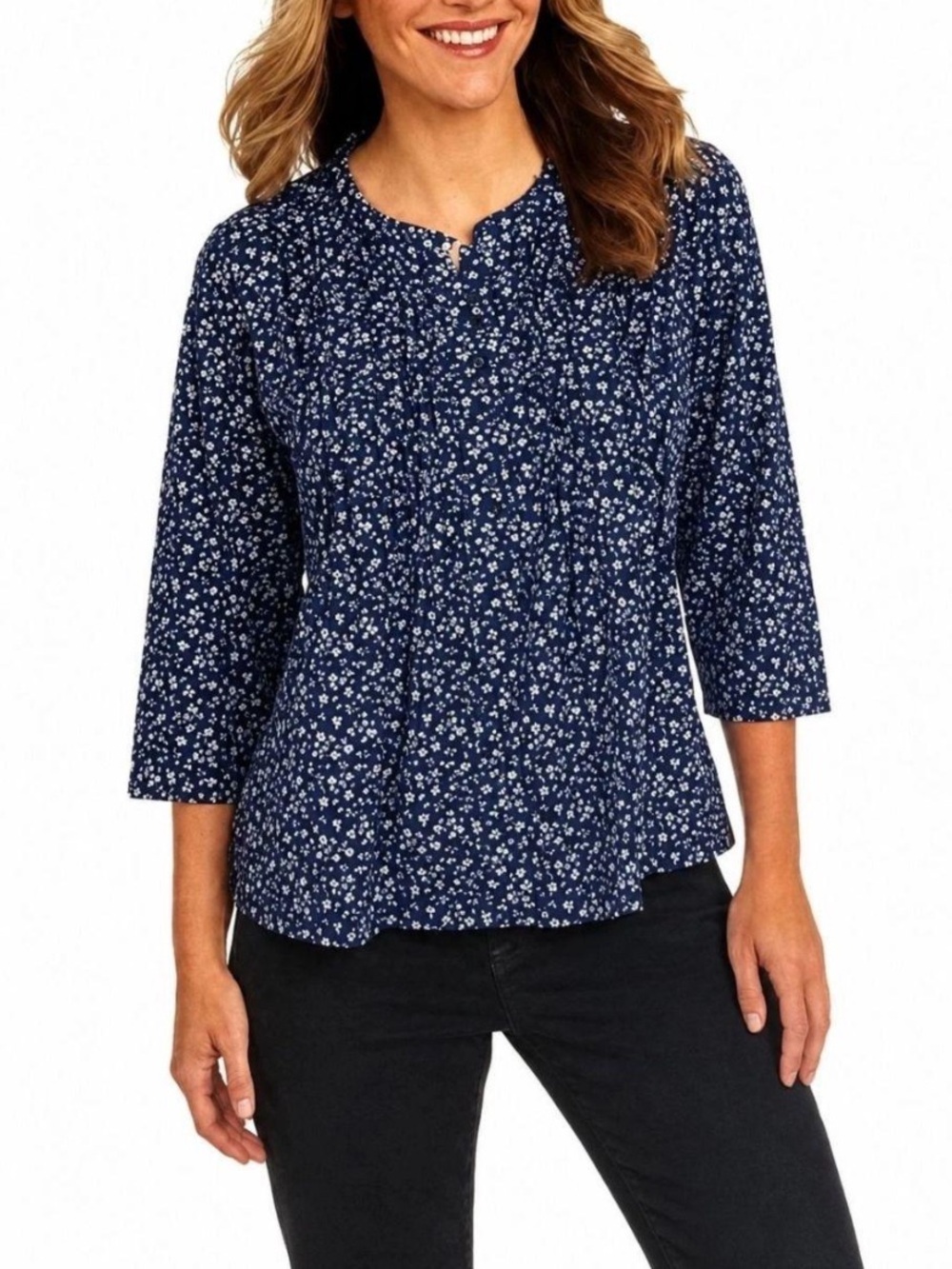 Lands' End Navy Blue Floral Pintuck Blouse
